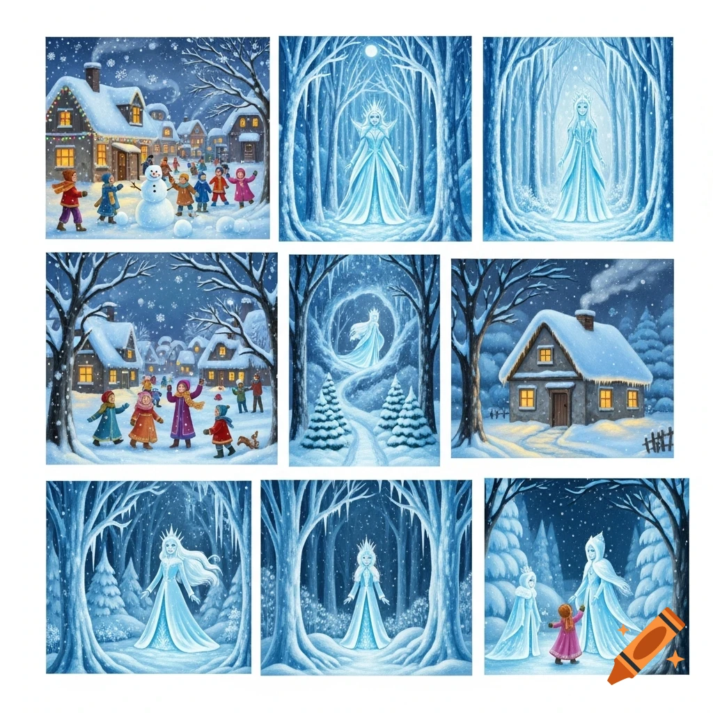 A grid of nine winter illustrations: children playing in a snowy village, a snow-covered house, and a majestic ice queen in an enchanted forest.