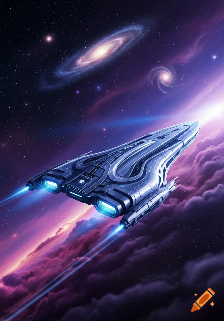 A sleek, futuristic silver spaceship with glowing blue engines flies through a vibrant purple and pink nebula, with distant galaxies and stars.