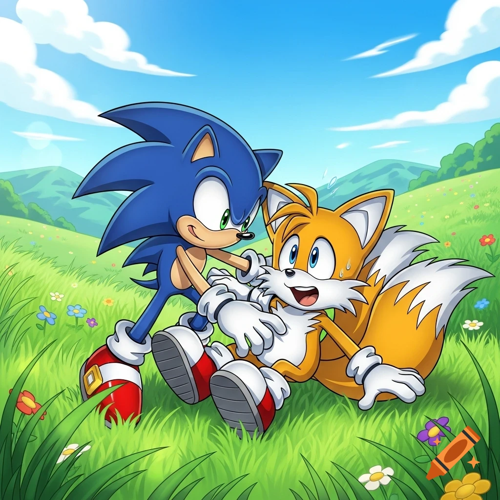 Cartoon Sonic the Hedgehog tickles a flustered Tails the Fox in a sunny, grassy field.