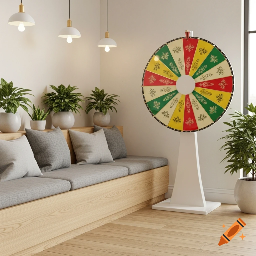 A modern, friendly waiting area with a long wooden bench, gray cushions, potted plants, and a colorful wheel of fortune.