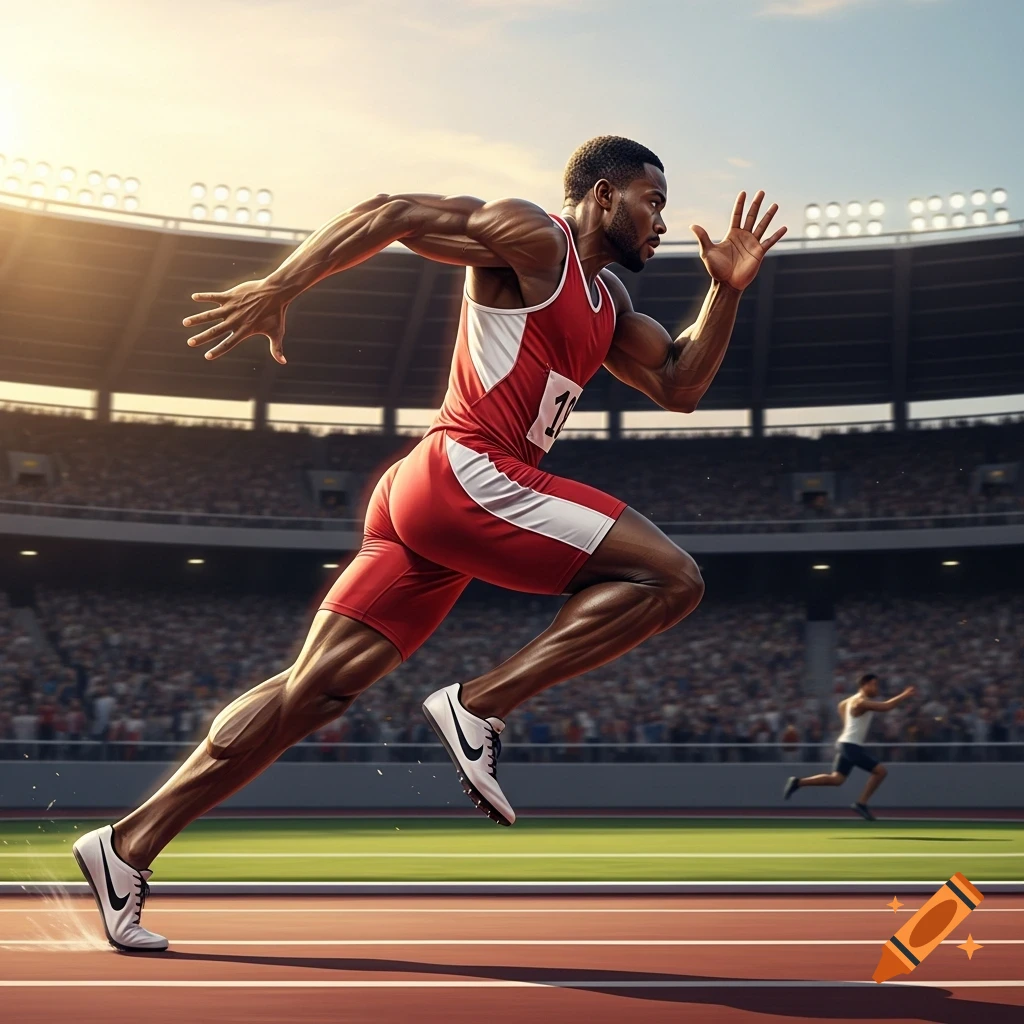 A muscular male athlete in a red and white uniform sprints on a track in a sunlit stadium, with spectators in the background.