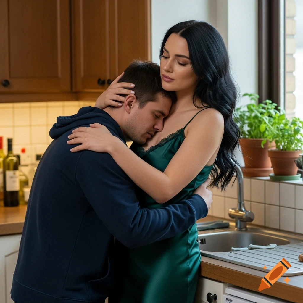 A man in a dark hoodie embraces a woman in a green satin slip in a kitchen, as she comforts him.