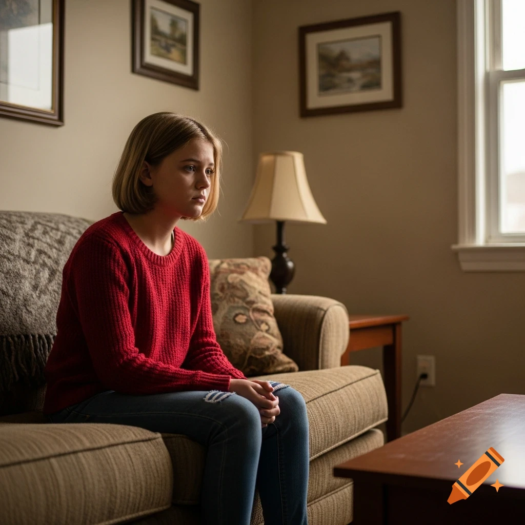 A young girl with short blonde hair and a red sweater sits on a sofa, looking sad and lonely in a photorealistic style.