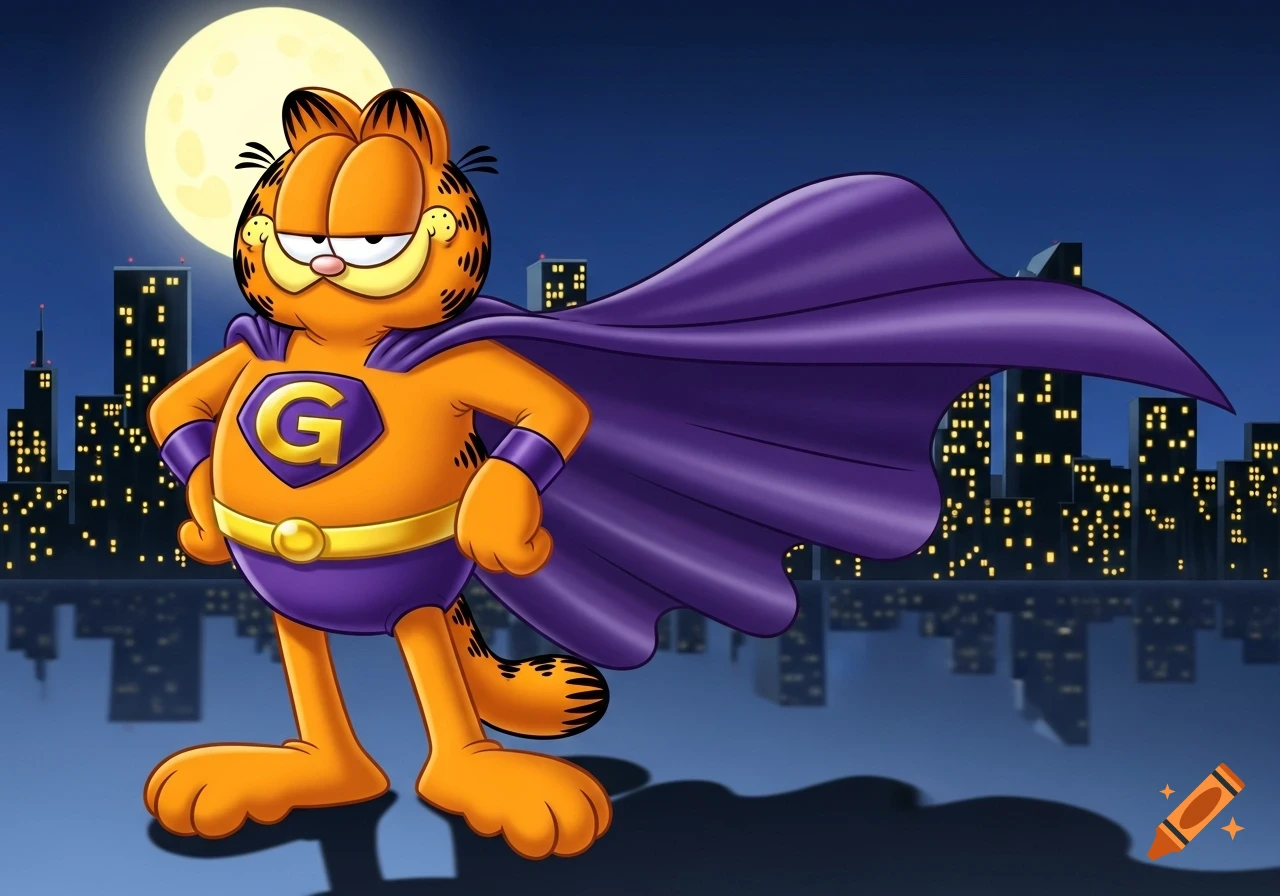 Cartoon Garfield as a superhero in a purple costume with a 'G' emblem, standing on a rooftop at night with a city skyline and full moon.