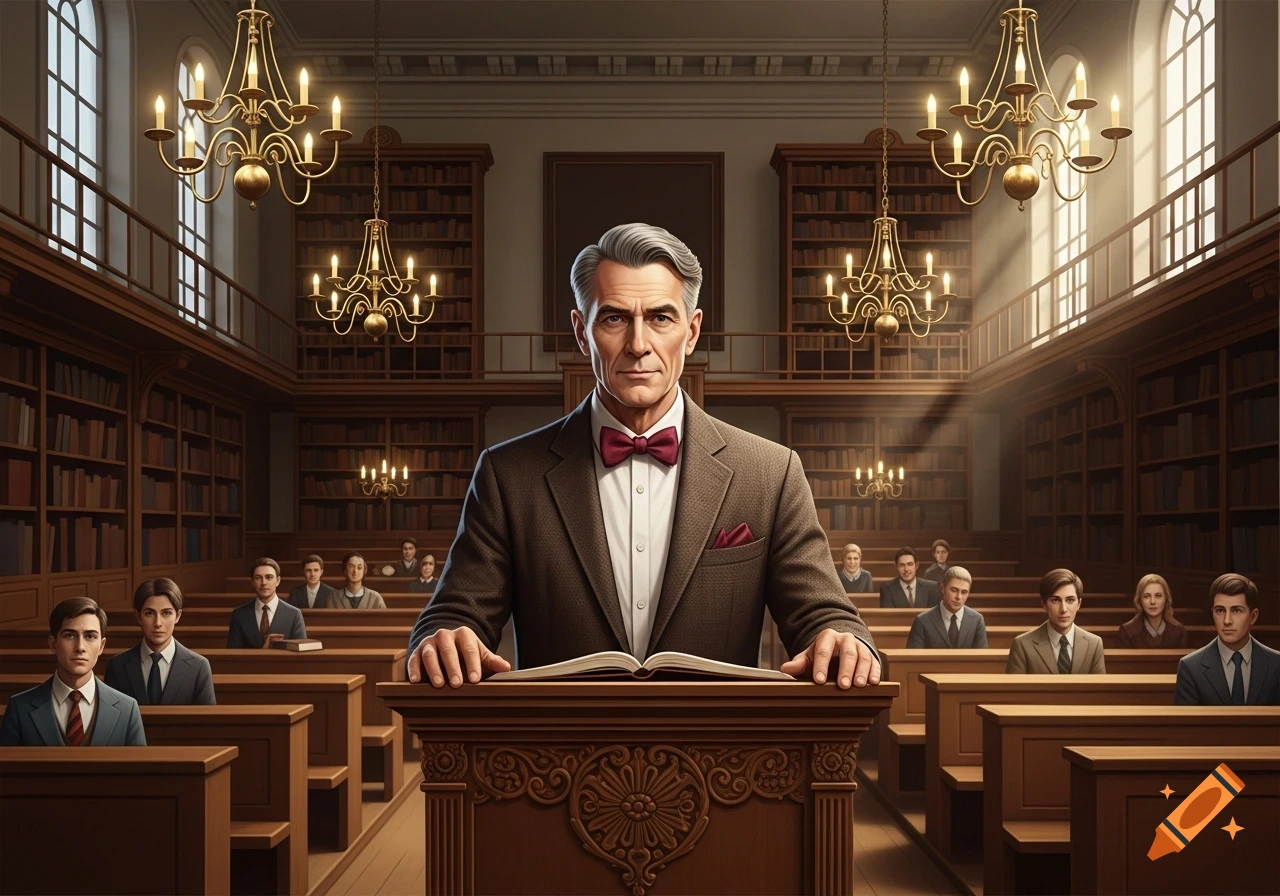A distinguished man in a suit and bow tie stands at a podium in a grand, wood-paneled library or lecture hall, addressing an audience.