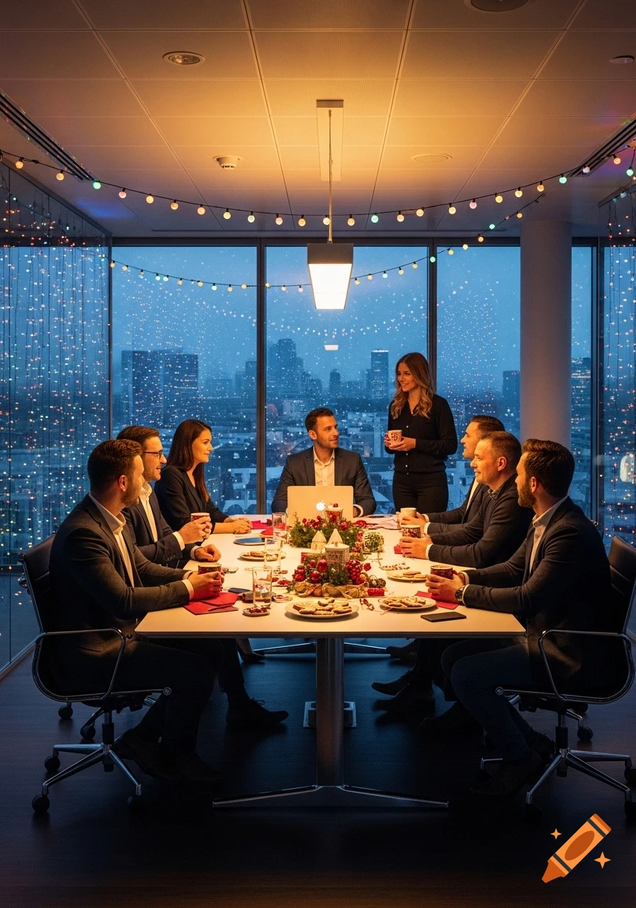 Professionals in an office conference room, decorated for Christmas, with a city view at night.