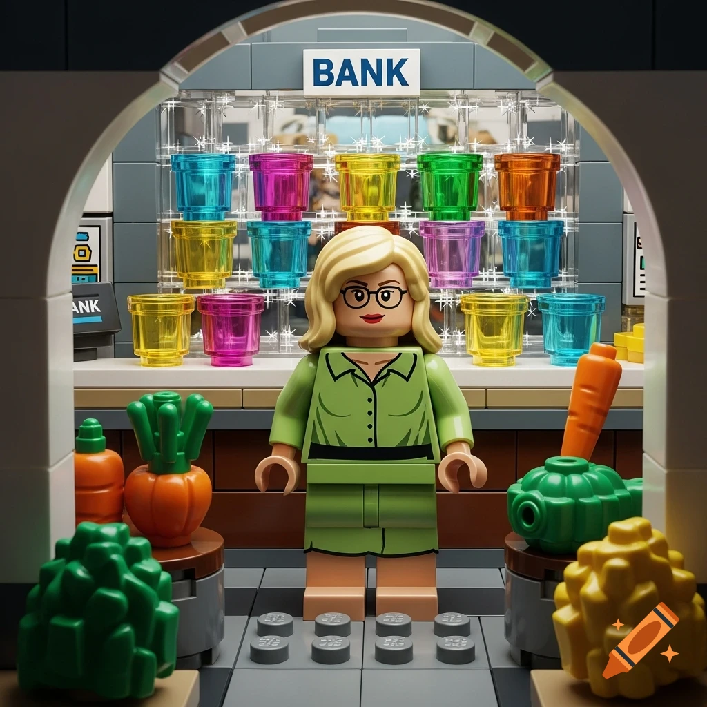A blonde Lego minifigure woman in a green dress stands in a bank with colorful cups and vegetables.