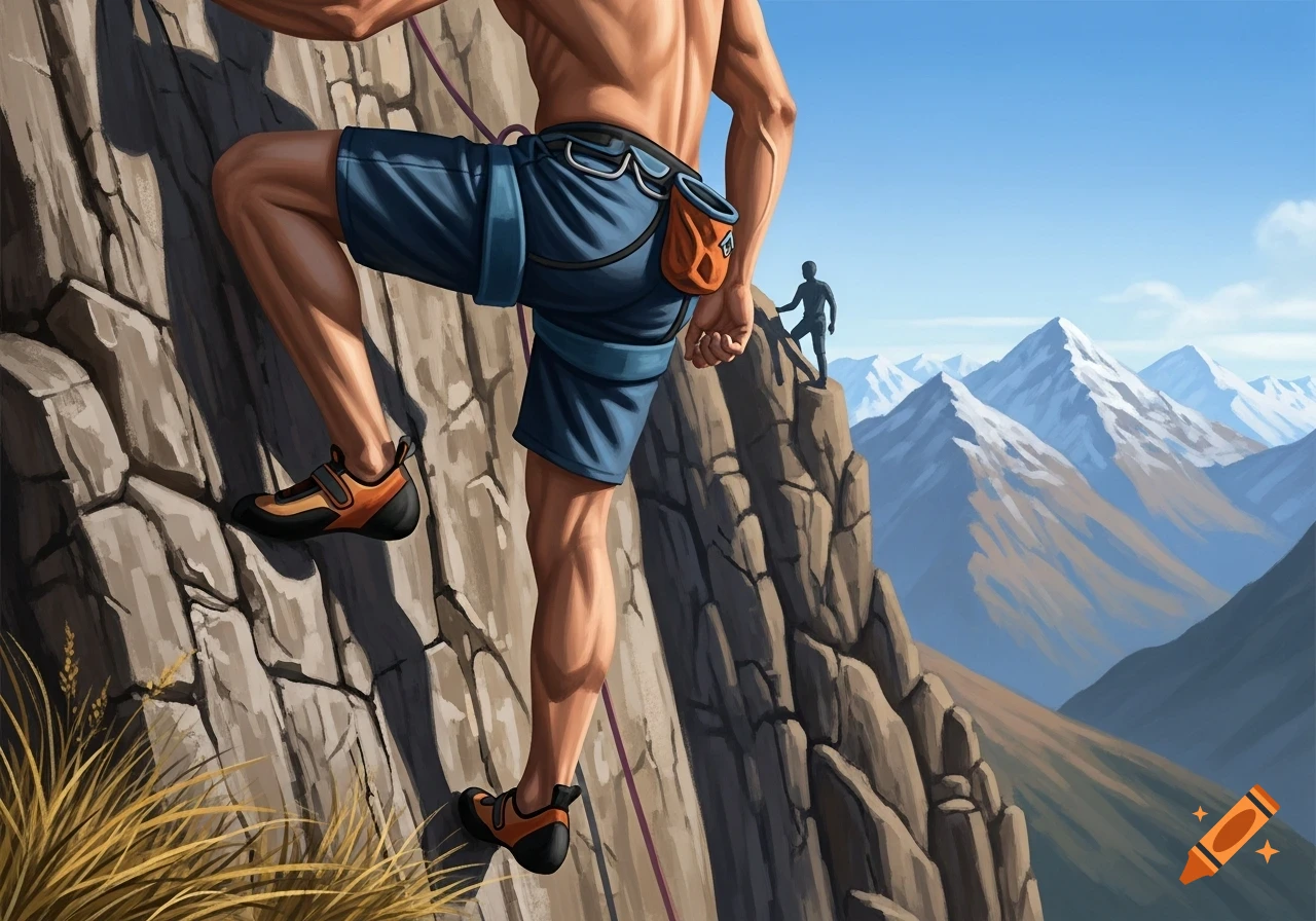 Illustrated view of a muscular man rock climbing a cliff, with distant snowy mountains and another climber on a peak.