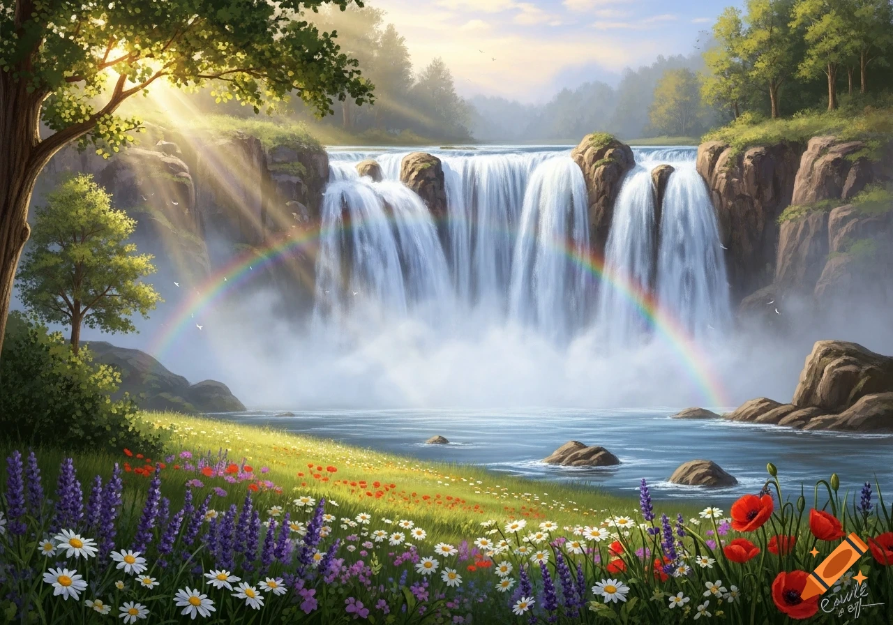 A majestic waterfall cascades into a river under a vibrant rainbow. Lush fields of colorful wildflowers bloom in the foreground, illuminated by sunbeams.