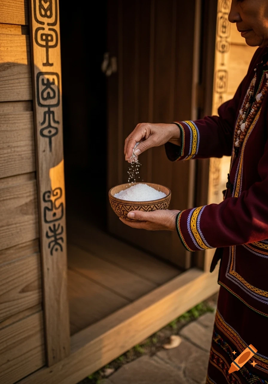 Close-up of a person's hands in traditional attire, sprinkling white salt from their fingers into a wooden bowl, against a background of a wooden structure with carved symbols.
