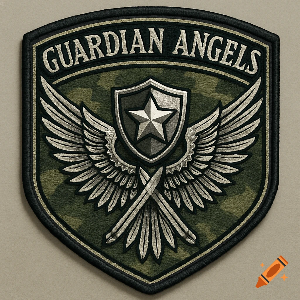 A military-style emblem patch with a shield, star, wings, and two crossed swords, with 'GUARDIAN ANGELS' text on a camouflage background.