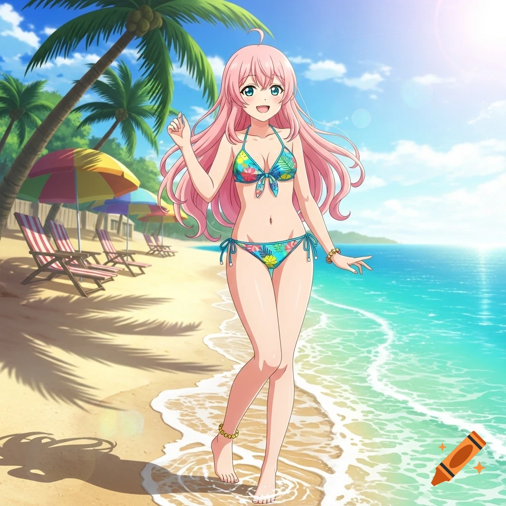 Anime girl with pink hair smiling in a colorful floral bikini, walking on a tropical beach with palm trees and blue ocean.