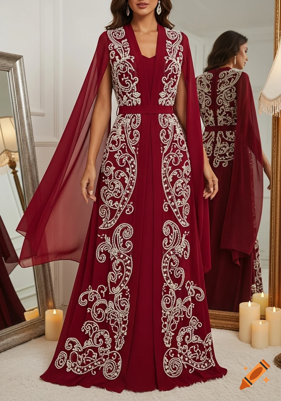 Woman in a long burgundy red dress with pearl embroidery and chiffon sleeves, reflected in mirrors, surrounded by candles.