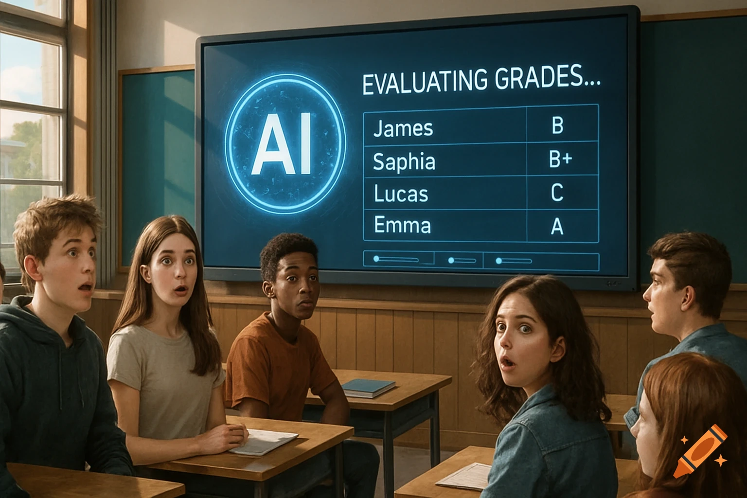 Surprised students in a classroom looking at a digital board showing an AI evaluating grades.