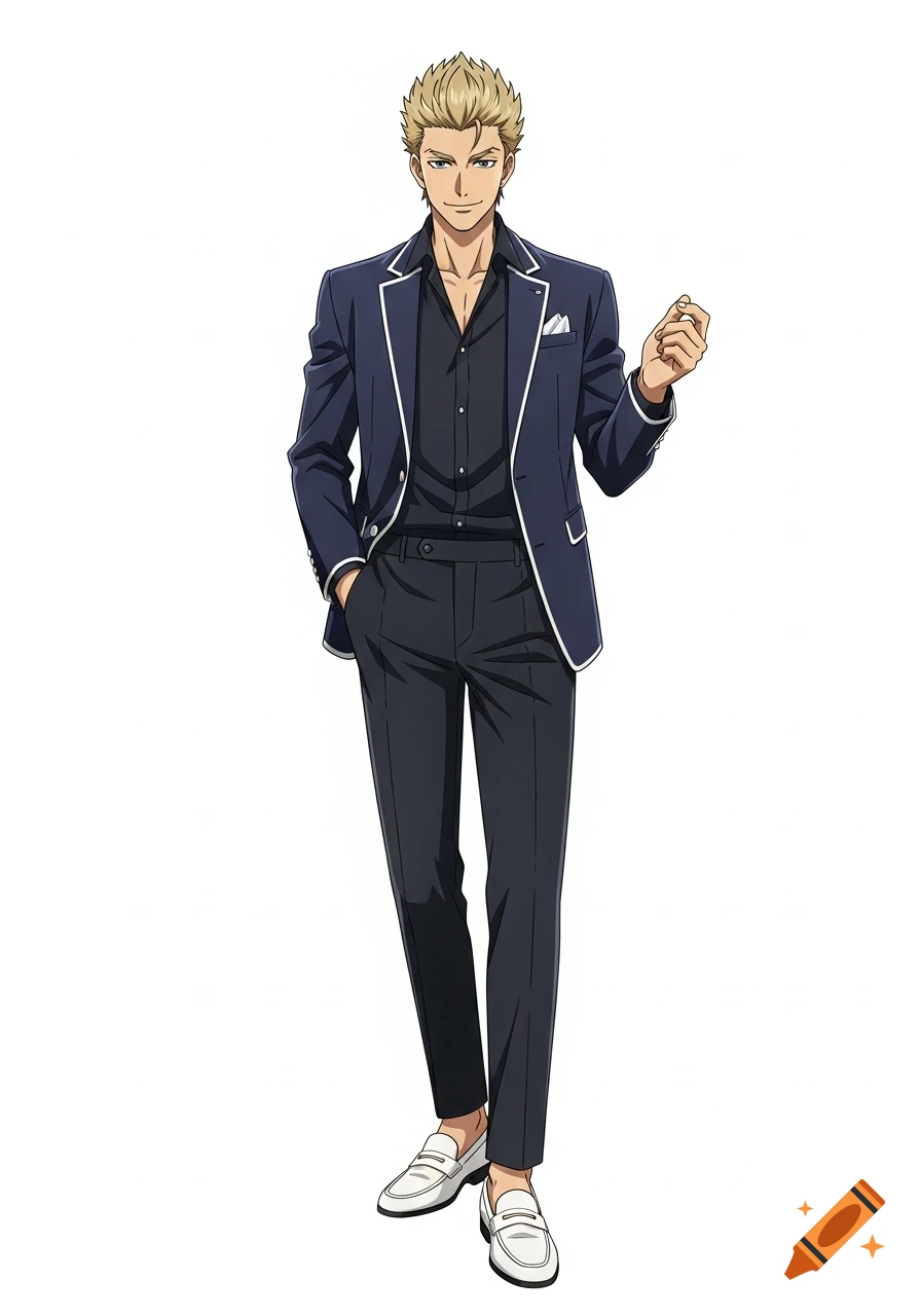 Full-body anime-style preppy male with spiky blond hair, wearing a navy blazer, black shirt, dark gray pants, and white loafers.
