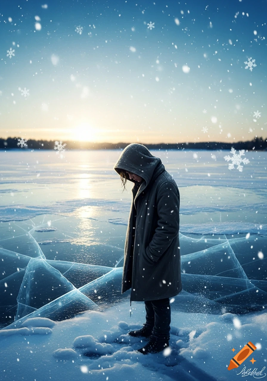 A person in a hooded coat stands on a frozen, cracked lake with falling snow during sunrise.