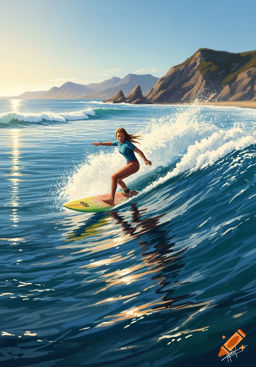 Illustration of a woman on a surfboard riding a wave with mountains in the background under a sunny sky.
