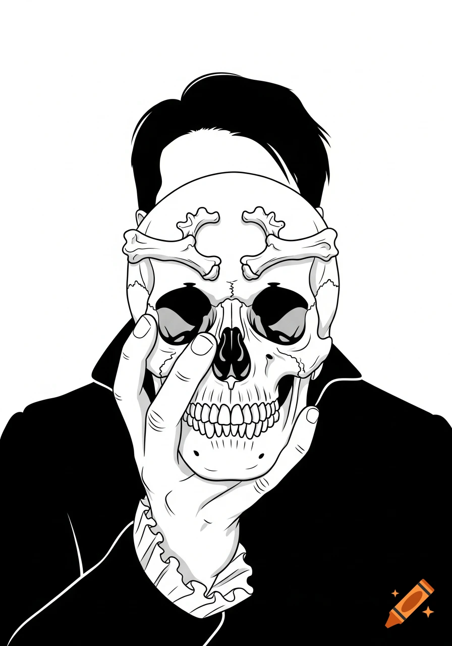 Stylized black and white illustration of Prince Hamlet holding Yorick's skull, face partially obscured by the skull and his hand.