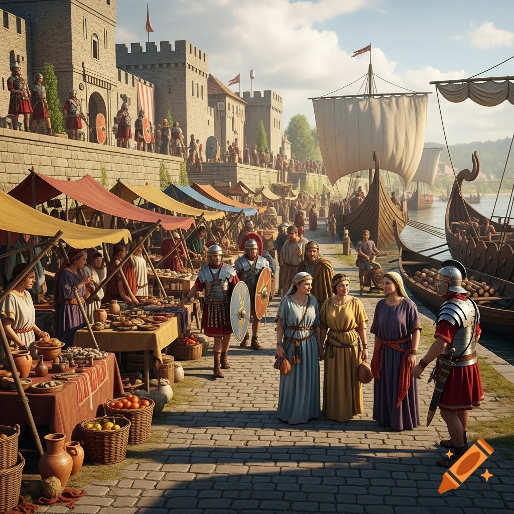 A bustling Roman marketplace scene along a river harbor, with soldiers on castle walls and civilians by merchant stalls and ships.