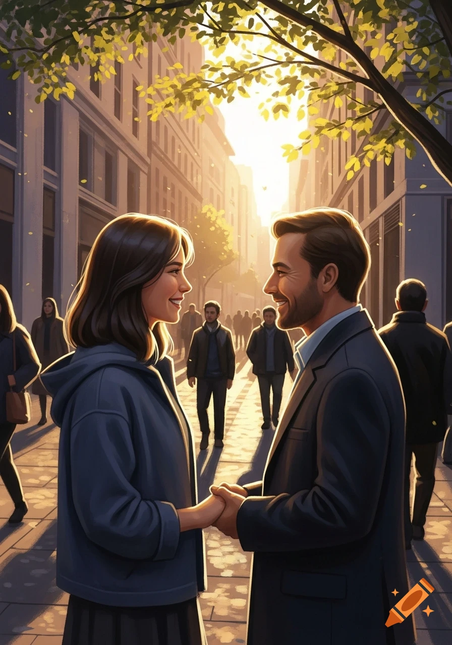 An illustrated couple holding hands and smiling at each other on a ...
