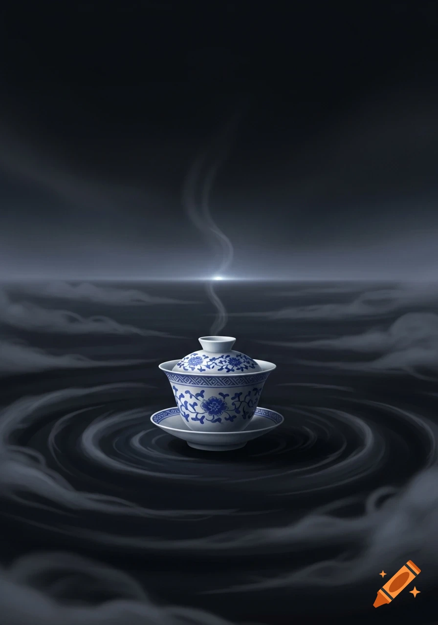 A white and blue patterned Chinese gaiwan tea set sits amidst dark, swirling mist, with steam rising against a distant glowing horizon.