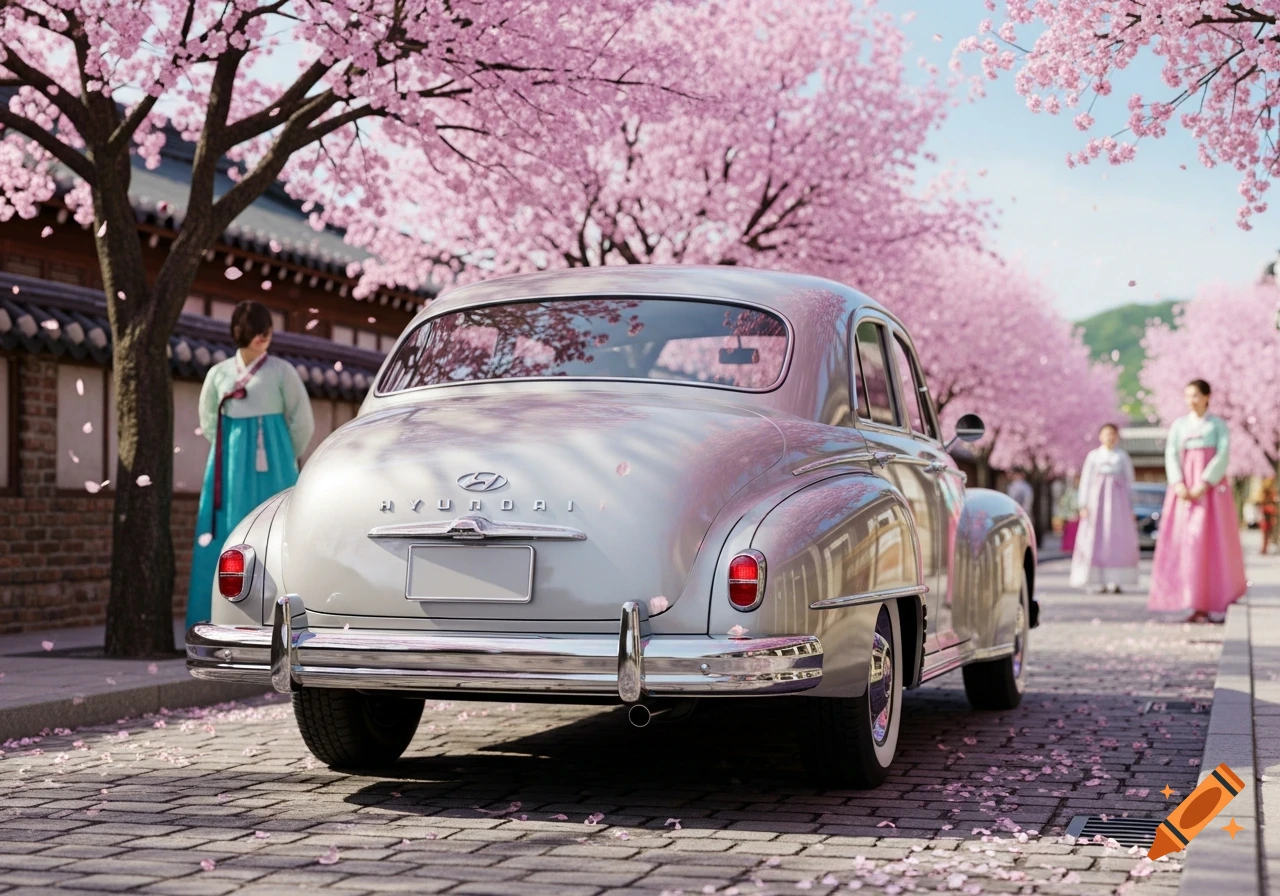 A vintage silver Hyundai car parked on a cobblestone street under pink cherry blossoms with people in traditional Korean hanboks nearby.