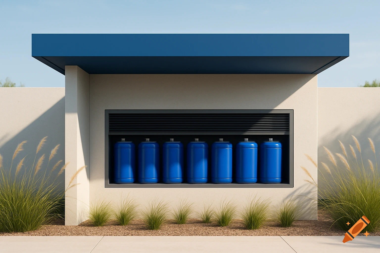 Photorealistic image of a modern outdoor structure with a blue canopy, housing several blue storage tanks within a light-colored wall, surrounded by sparse green and golden grasses.