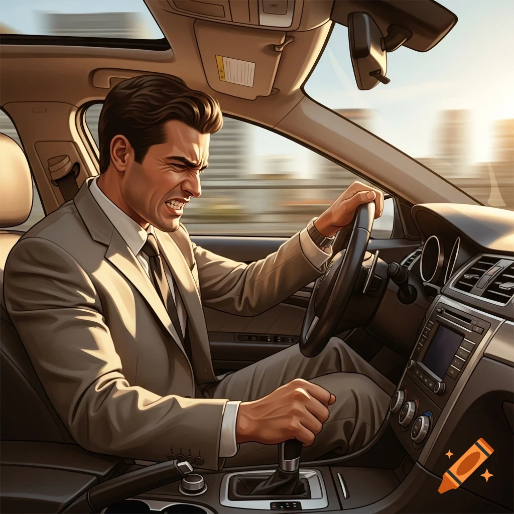 A man in a suit, expressing rage, clutches a car's steering wheel and gear shifter while driving, with motion blur in the background. Stylized render.
