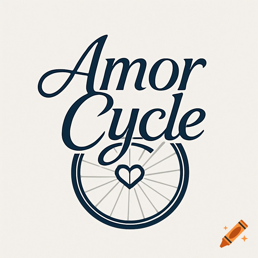 Blue and white logo for "Amor Cycle" featuring script text above a bicycle wheel with a heart at its hub.