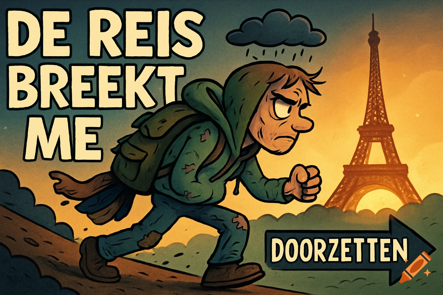Cartoon of a tired, determined traveler with a backpack walking towards the Eiffel Tower at sunset. Text: 'De Reis Breekt Me', 'Doorzetten'.