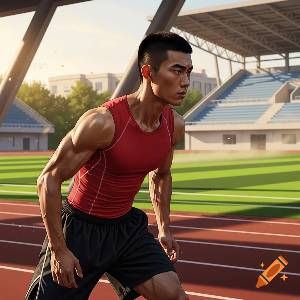 A muscular Asian male athlete in a red tank top and black shorts stands on a running track in a stadium, looking determined.
