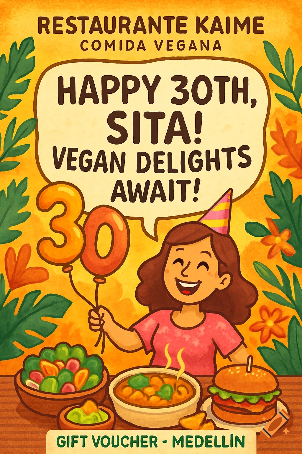 Vibrant cartoon birthday voucher with a smiling woman, '30' balloons, vegan dishes, and text "Happy 30th, Sita! Vegan Delights Await!"
