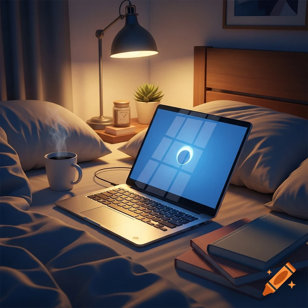 A laptop with a glowing blue screen, a steaming mug, and books rest on a bed next to a lit lamp at night.