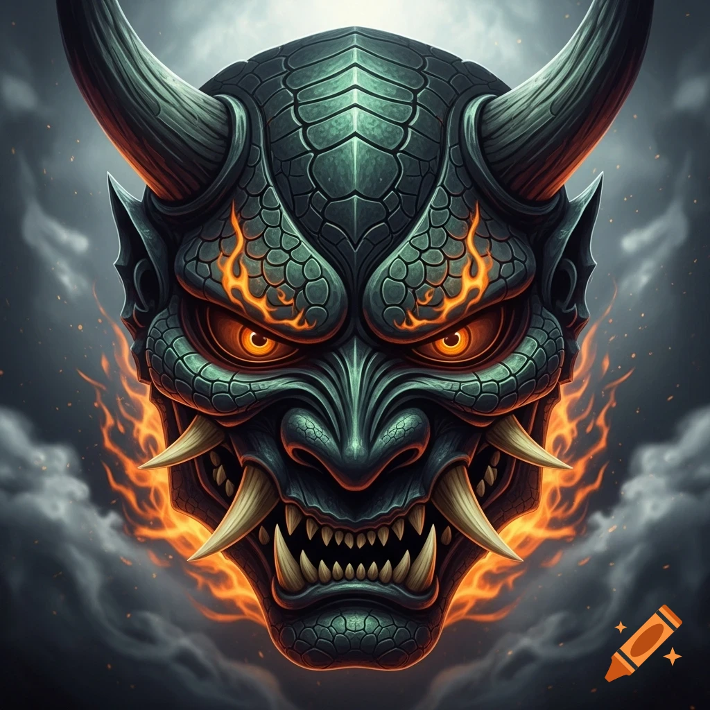 A dark green, Godzilla-inspired oni mask with horns, glowing orange eyes, sharp fangs, and fire against a smoky background.