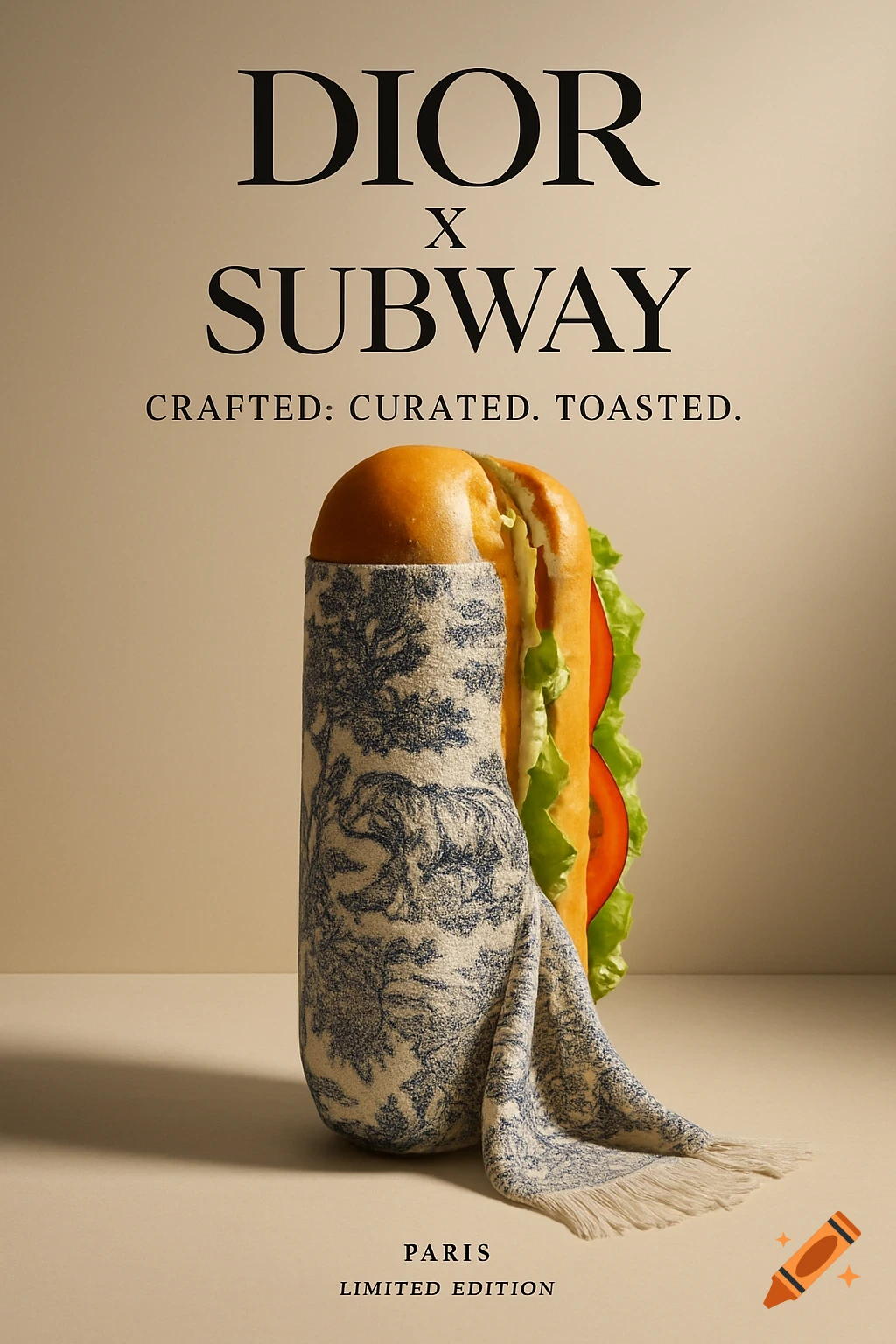 A high-fashion ad showing a Subway sandwich wrapped in blue and white Dior toile de Jouy fabric, with 'DIOR x SUBWAY' text.