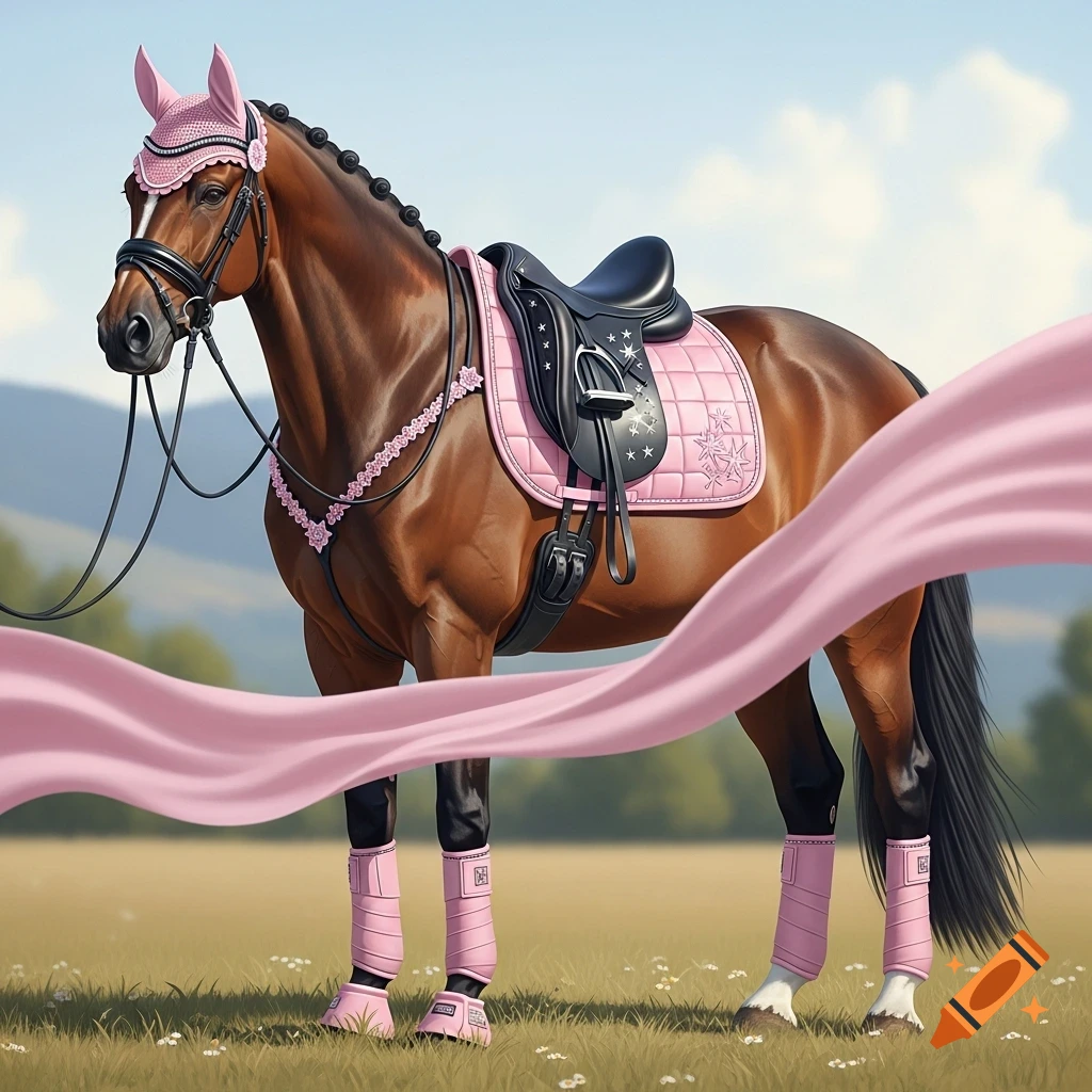 Brown horse in pink equestrian tack, including saddle pad, bridle, ear bonnet, and leg wraps, stands in a grassy field.