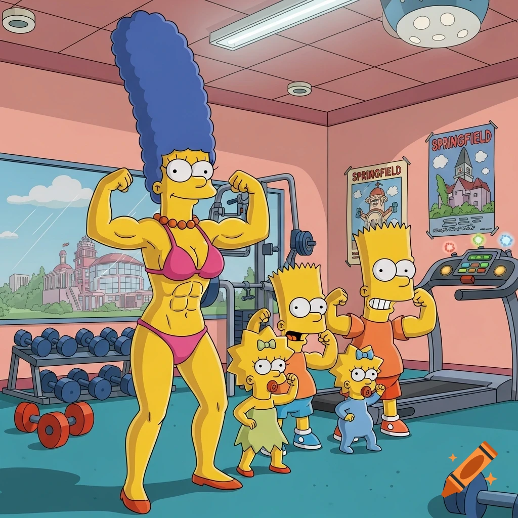 Muscular Marge Simpson in a pink bikini flexes with Bart and two baby girls who are also flexing in a gym, cartoon style.