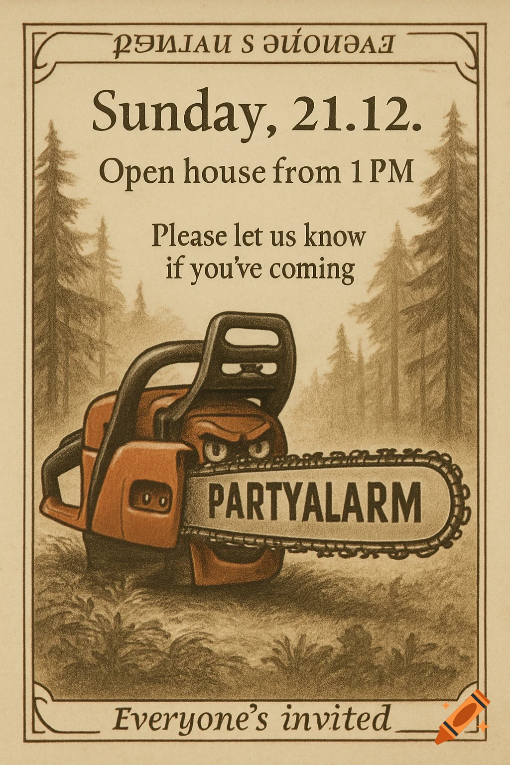 Vintage-style birthday invitation with an angry cartoon chainsaw saying "PARTYALARM" on its blade, set in a forest background, with event details.