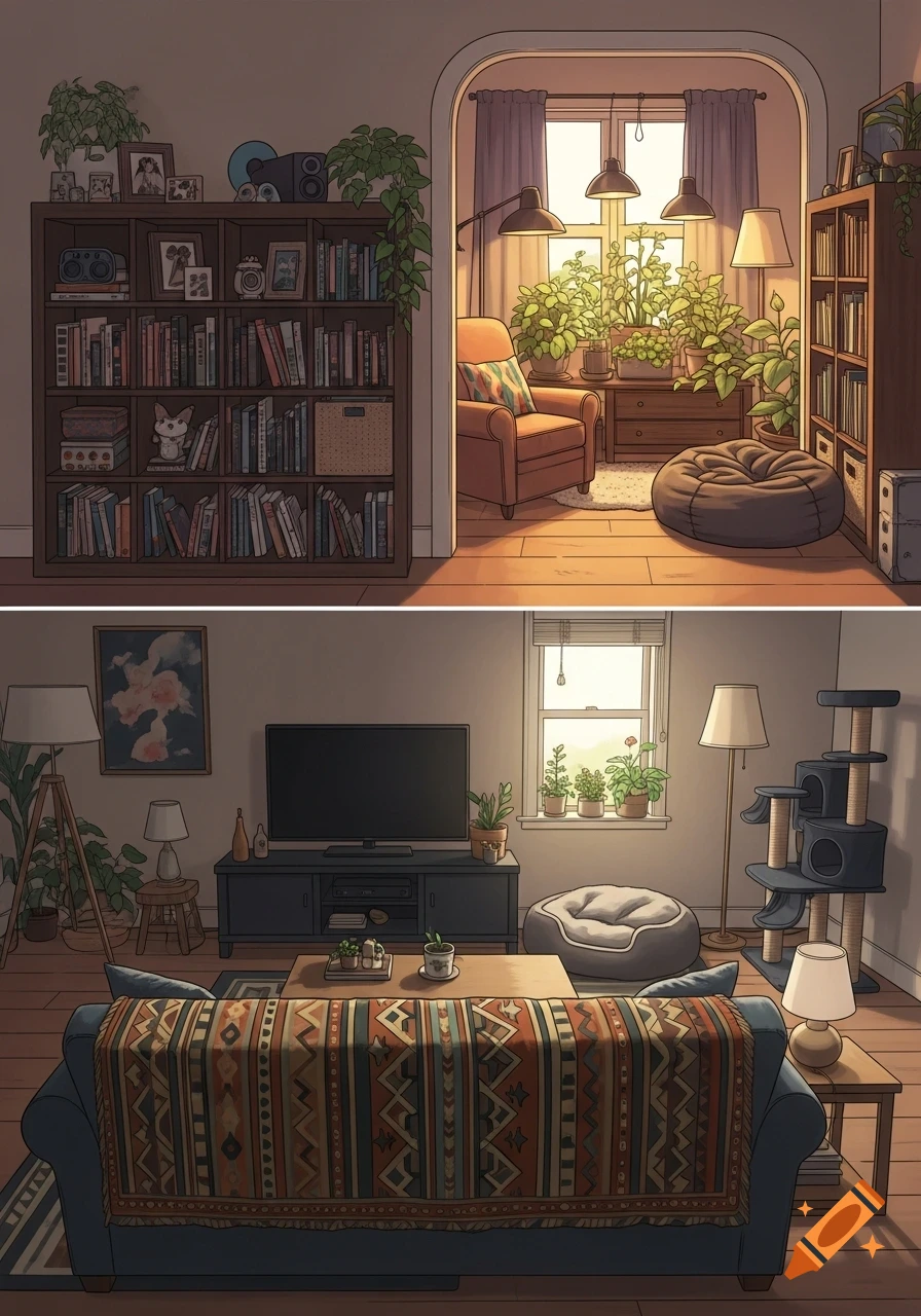 A stylized illustration of a cozy living room divided into two sections, one with a sofa, TV, and cat tree, and another with a bookshelf, armchair, and many potted plants by a sunny window.
