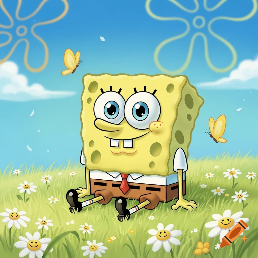Spongebob Squarepants sitting happily in a sunny field of white daisies and yellow butterflies, cartoon style.