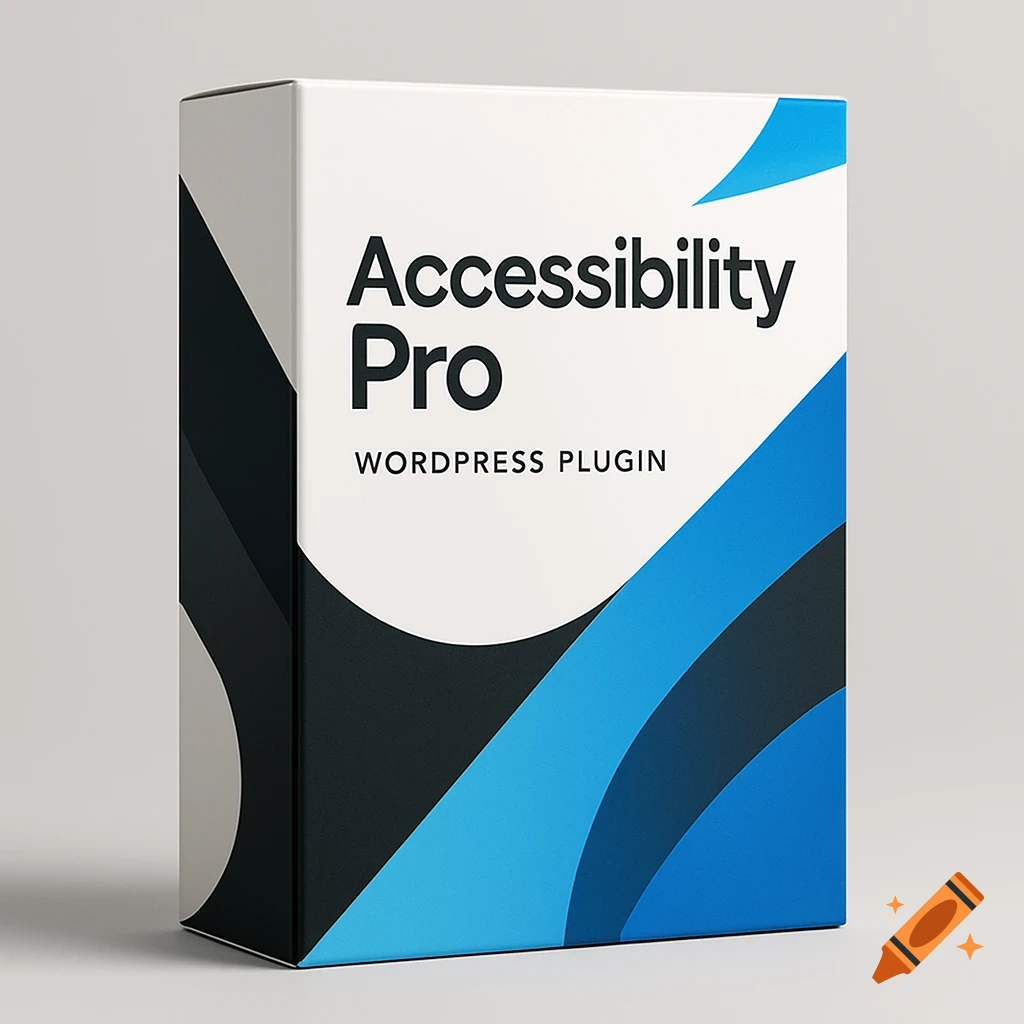 A modern product packaging box for "Accessibility Pro WordPress Plugin" with white, black, and blue abstract design.