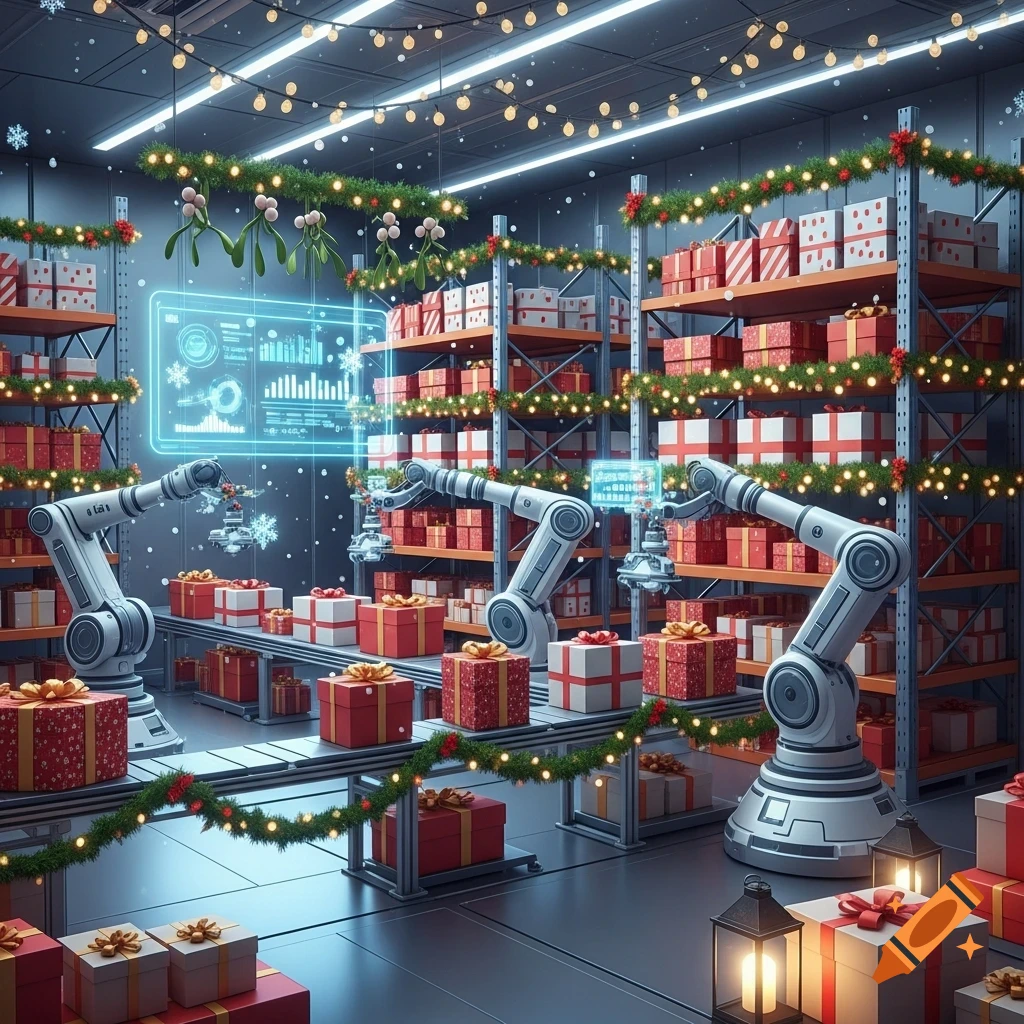 Robotic arms process gifts on a conveyor belt in a festive warehouse adorned with Christmas lights and garlands.