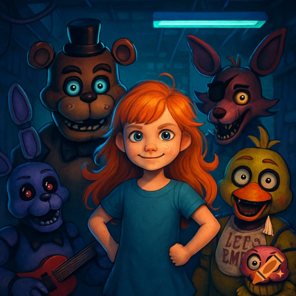 A young girl with red hair stands smiling amidst Five Nights at Freddy's characters Freddy, Bonnie, Foxy, and Chica in a dark, stylized illustration.