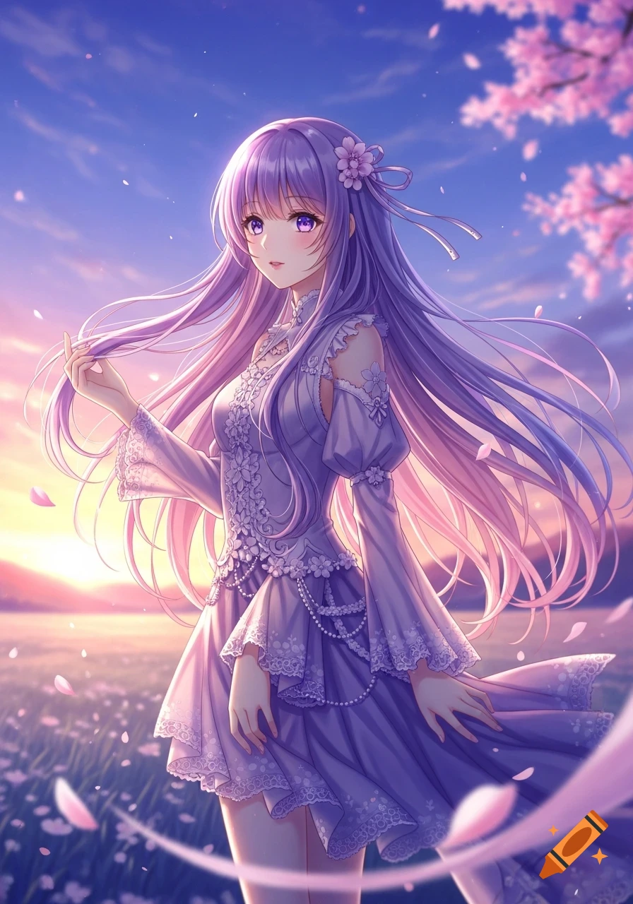 Anime girl with long purple hair in a lacy dress stands in a field with cherry blossoms at sunset.