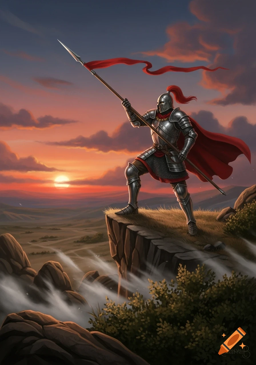 A knight in full armor with a red cape and spear stands on a cliff overlooking a valley at sunset, fantasy art style.