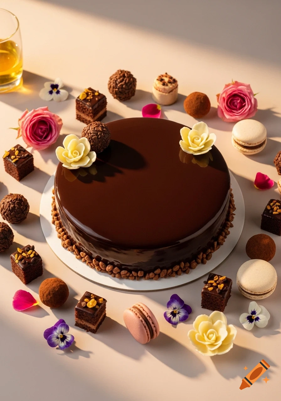 A luxurious dark chocolate cake with a glossy glaze, surrounded by truffles, macarons, small chocolate cakes, and edible flowers on a light surface.