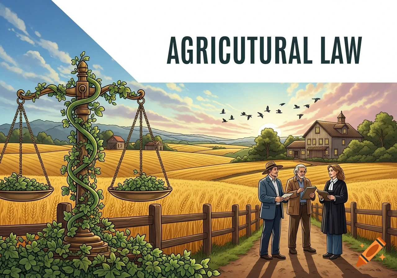 Illustration of scales of justice entwined with vines in a rural field with a barn, three people, and text 'AGRICULTURAL LAW'.