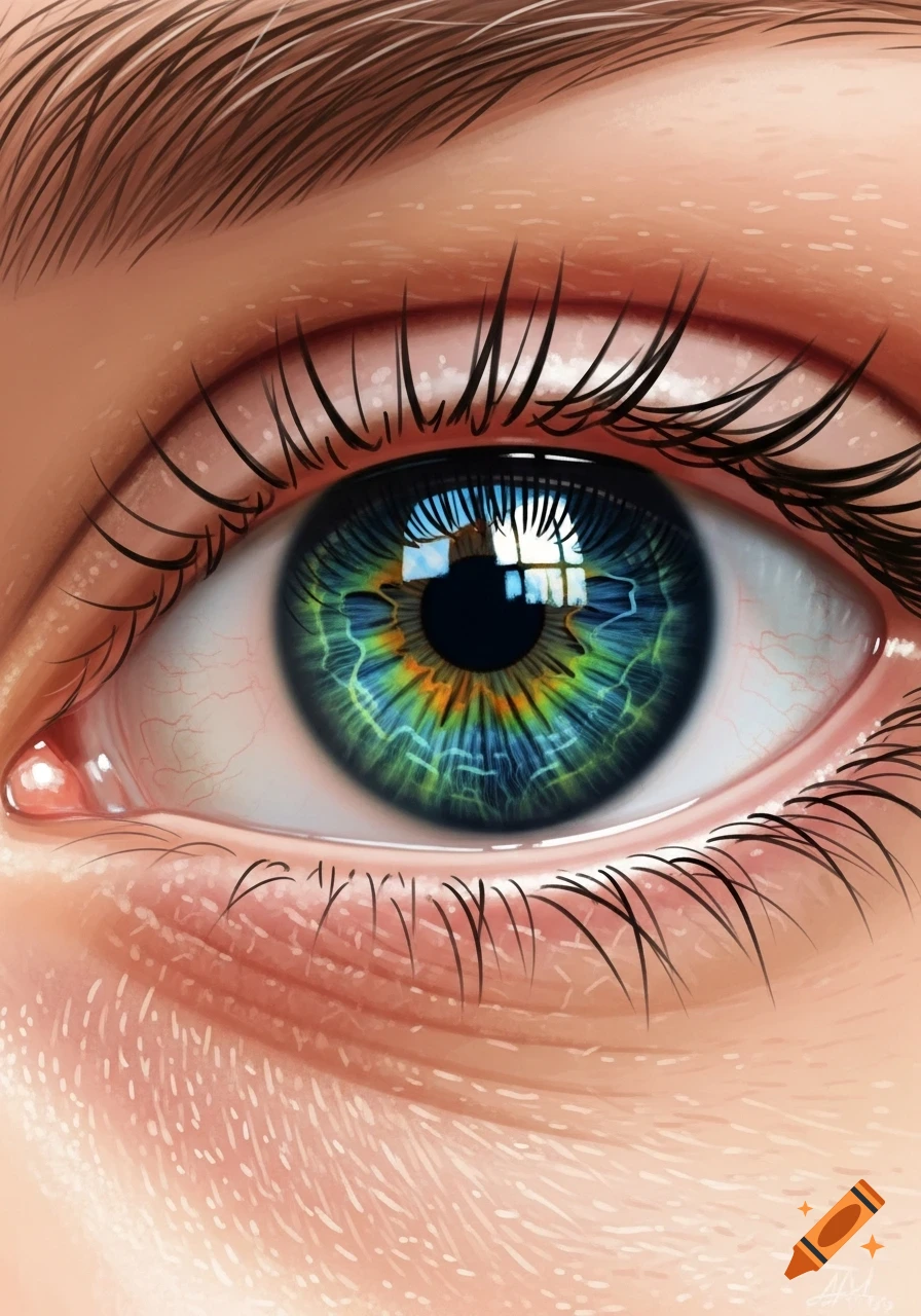 A highly detailed, vibrant digital illustration of a human eye with green and blue iris patterns, reflecting a window.