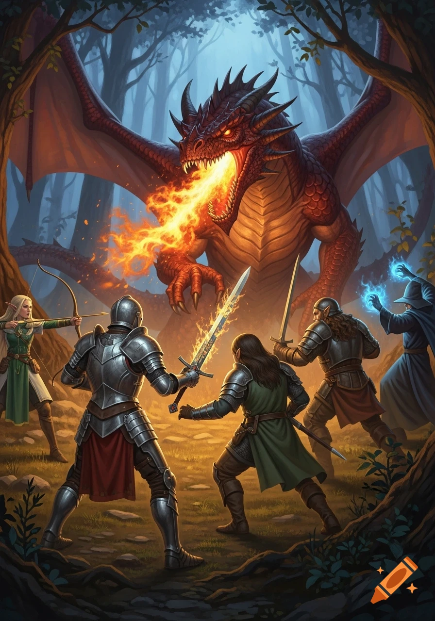 A party of adventurers, including a knight, elf archer, and wizard, confronts a large, fire-breathing red dragon in a misty forest.