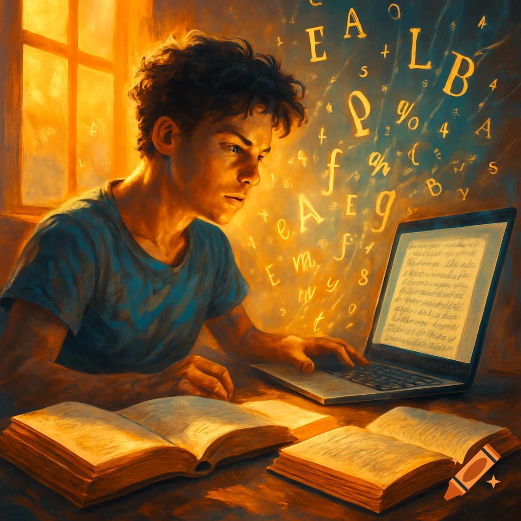 A young man with curly hair studies intently at a desk with a laptop and open books, surrounded by glowing letters in a digital painting style.